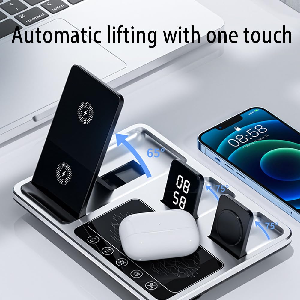 Zureze Station, 4 in 1 Sveglia Wireless Charger Stand, Stazione di Ricarica Liftable per Più Dispositivi, Stazione di Ricarica Wireless Universale 4 Pollici Accelera la Ricarica del Dispositivo