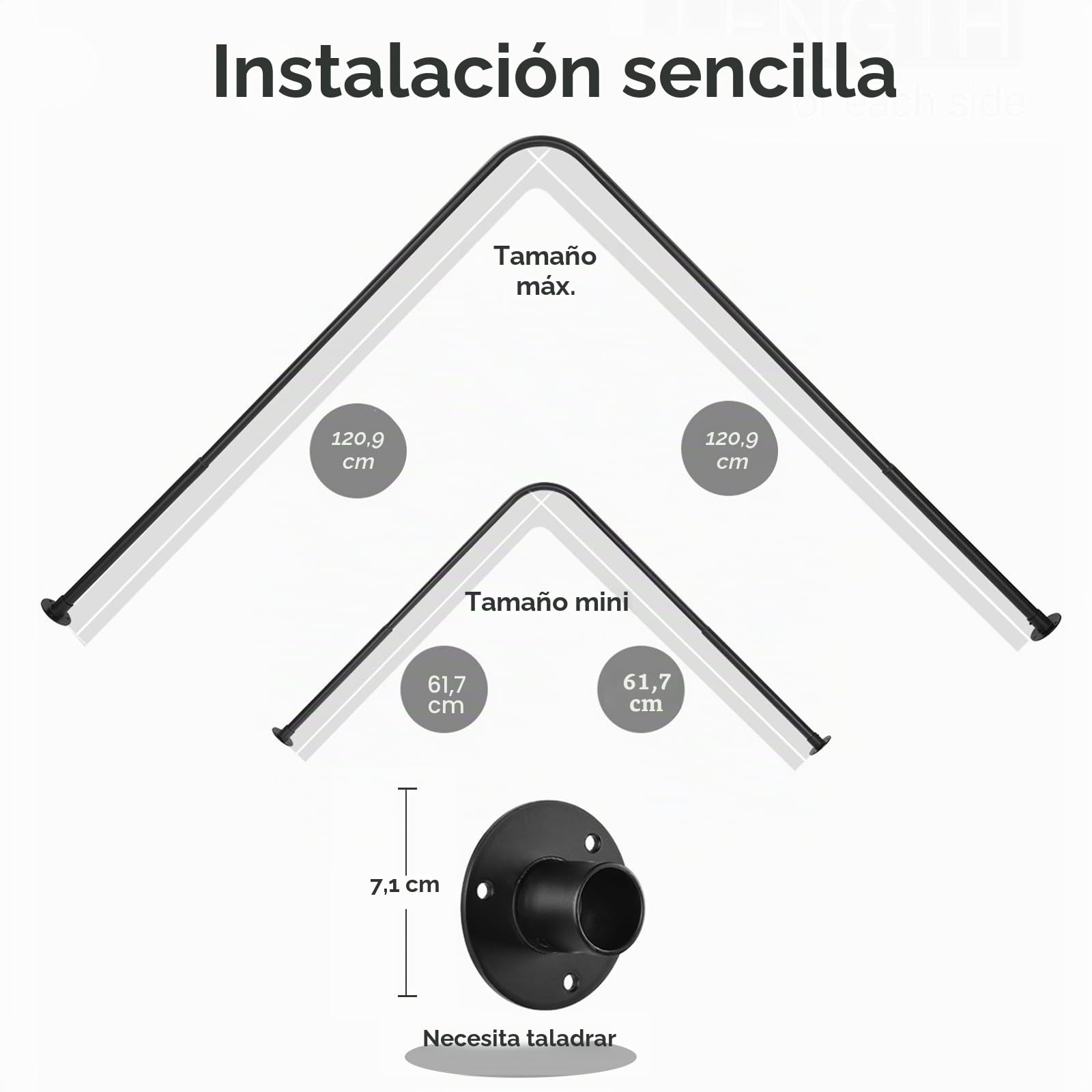 Barra de Ducha en Forma de L Ajustable [62-121 cm] x [62-121 cm] para Esquina, con 12 Ganchos y Soporte de Techo para Bañera - Negro Mate