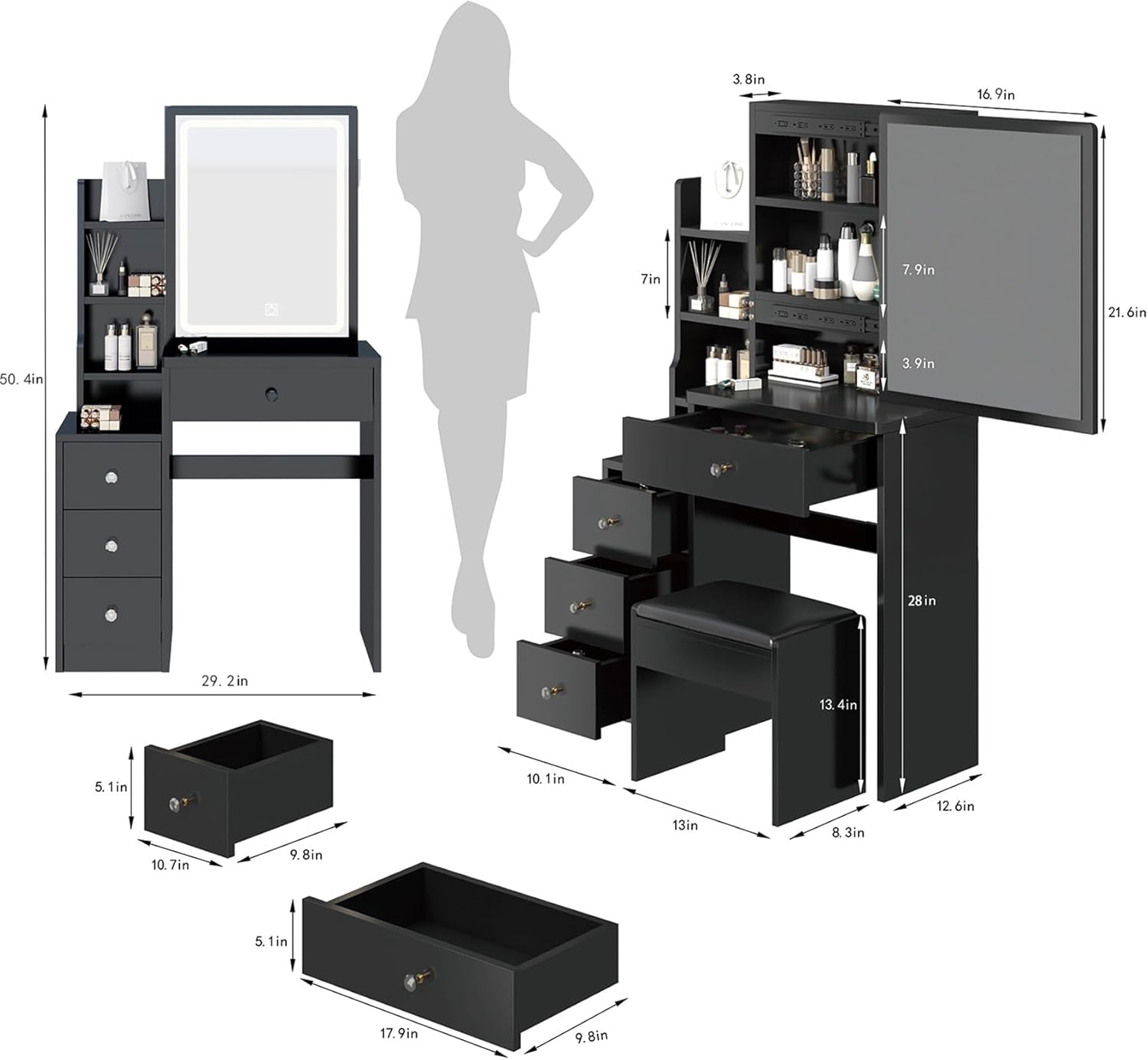 29.2" W Small Vanity Desk with Sliding Mirror, Black Makeup Vanity Set with 4 Drawers and 5 Shelves, Dressing Table with Cushion Stool for Bedroom, Girls and Women