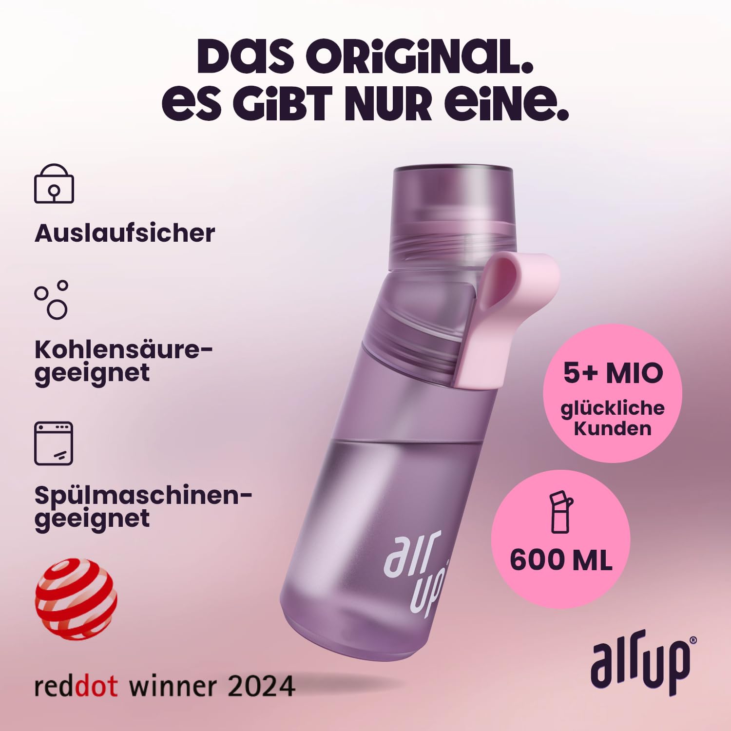 air up Trinkflasche (600 ml) für Schule, Sport, Gym | inkl. 5 zuckerfreien Duft-Pods & Strohhalm | Wasserflasche in Lila mit Geschmack - auch für Kinder, Jungen, Mädchen | Kohlensäure-geeignet