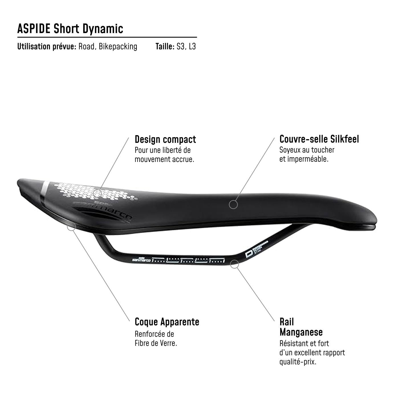 Selle San Marco ASPIDE Short Dynamic - Selle Vélo Route Légère, Trou Anatomique, Cadre Manganèse Résistant - Taille S3, Noir