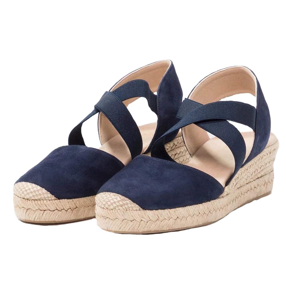 SyktkmxWomens Espadrille Platform Elastic Strappy Closed Toe Wedge Criss Cross Mid Heel Sandals