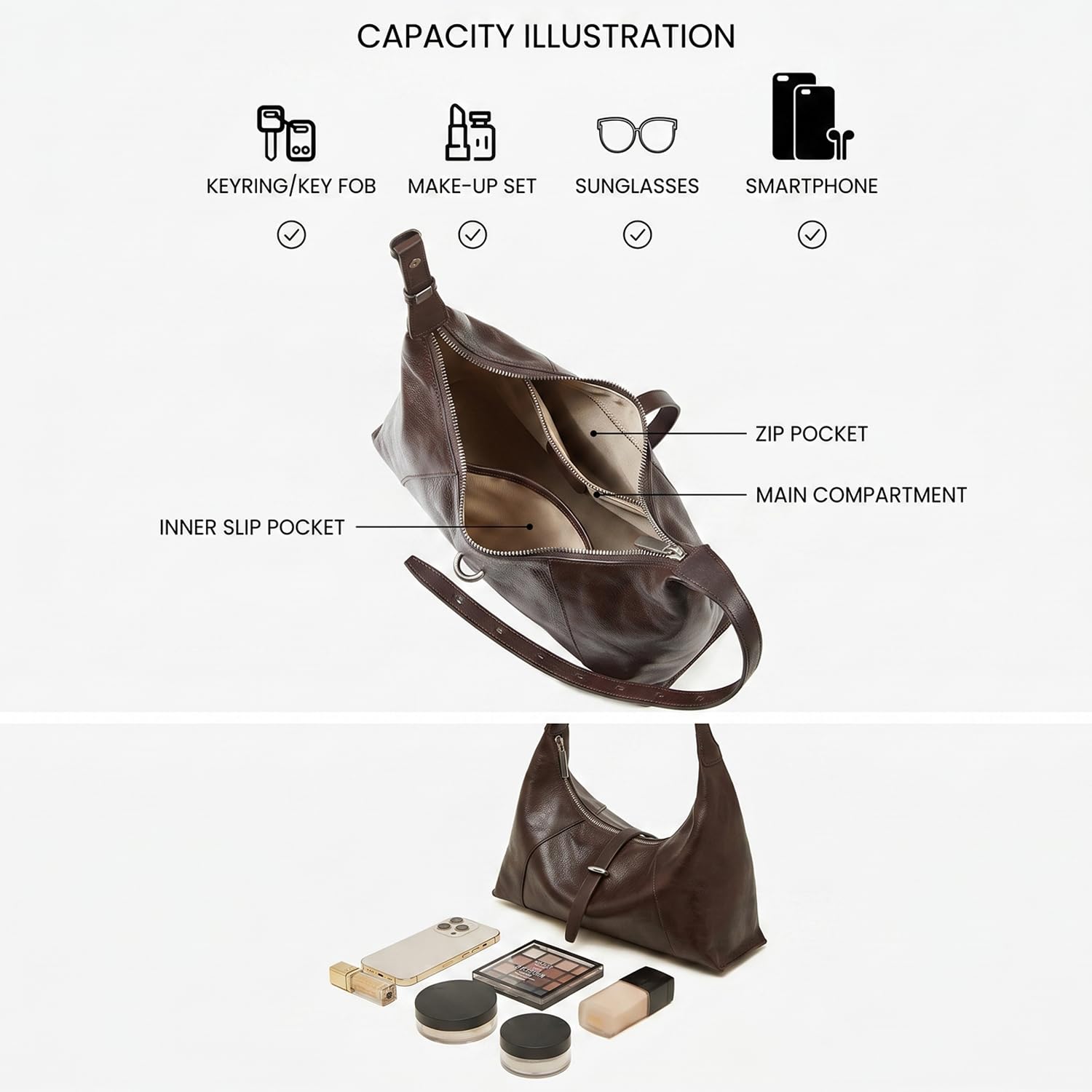 PDSSUNNY Damen Hobo Tasche aus Pflanzlich Gegerbtem Leder, Retro Schultertasche Croissant, Minimalistische Unterarmtasche Baguette, Kleine Umhängetasche Glänzend