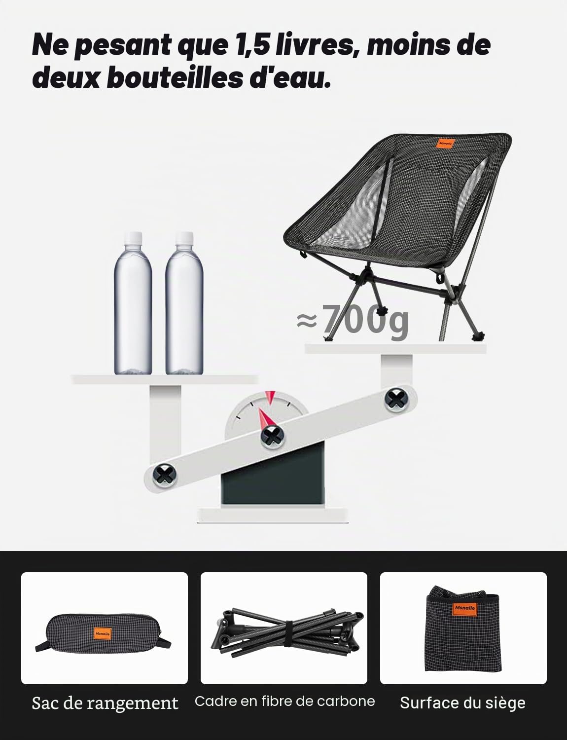 Chaise de camping pliable avec tissu Dyneema et cadre en fibre de carbone, poids léger 700 g, avec sac à main, convient pour les pique-niques, l'extérieur, la randonnée, capacité de charge 150