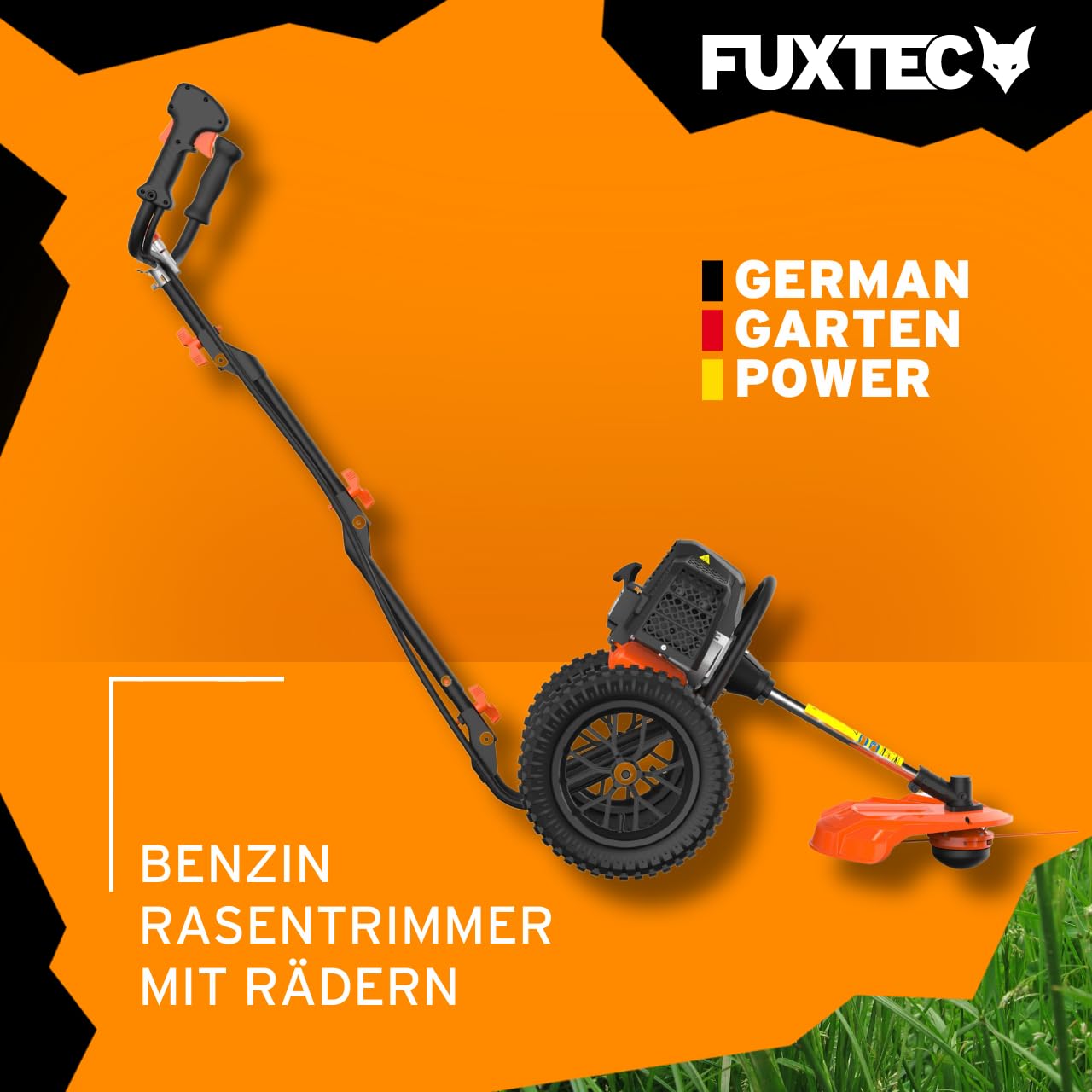 FUXTEC Benzin Motorsense auf Rädern FX-FSR152 mit 52 cc, großen Lufträdern und 3 PS Leistung Trimmer Rasentrimmer Freischneider fs Faden 2-Takt