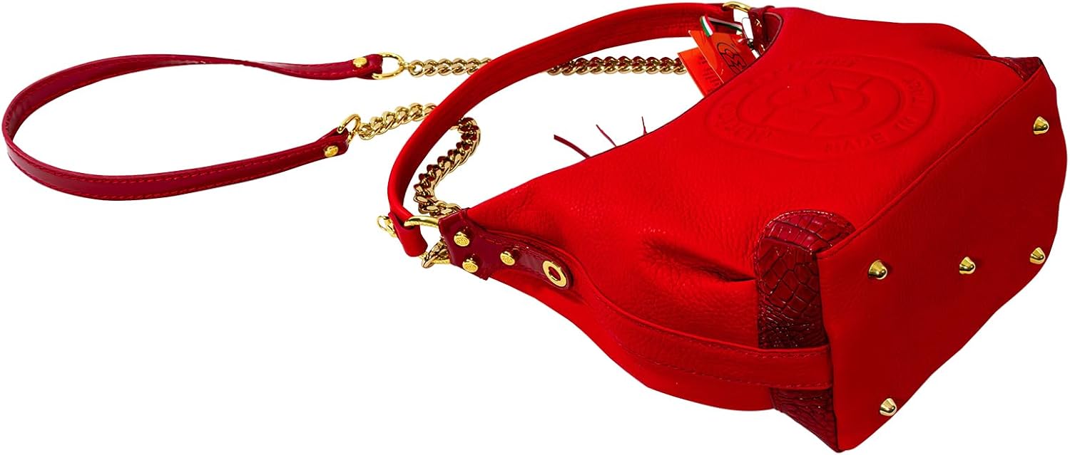 Designer Slouchy Purse Red Leather Crossbody Top Handle Bag Italian Designer Handbag w/Chain