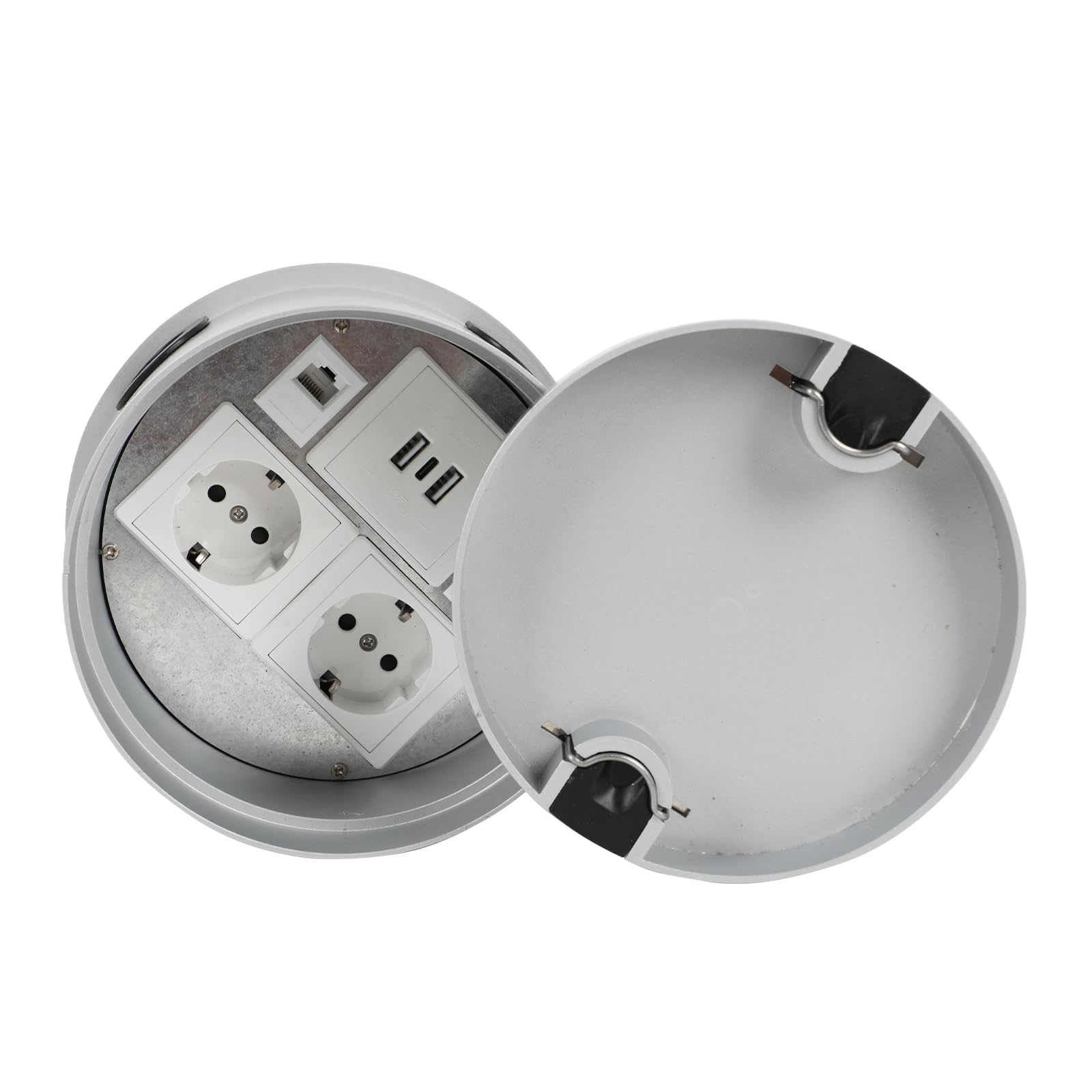 Presa da incasso in acciaio inox rotonda con copertura, presa da incasso a terra con 2 Schuko, 1 porta USB-A, 1 porta USB-C, 1 tipo C, 2 CTE6 per casa, hotel, scuola, ufficio, rete
