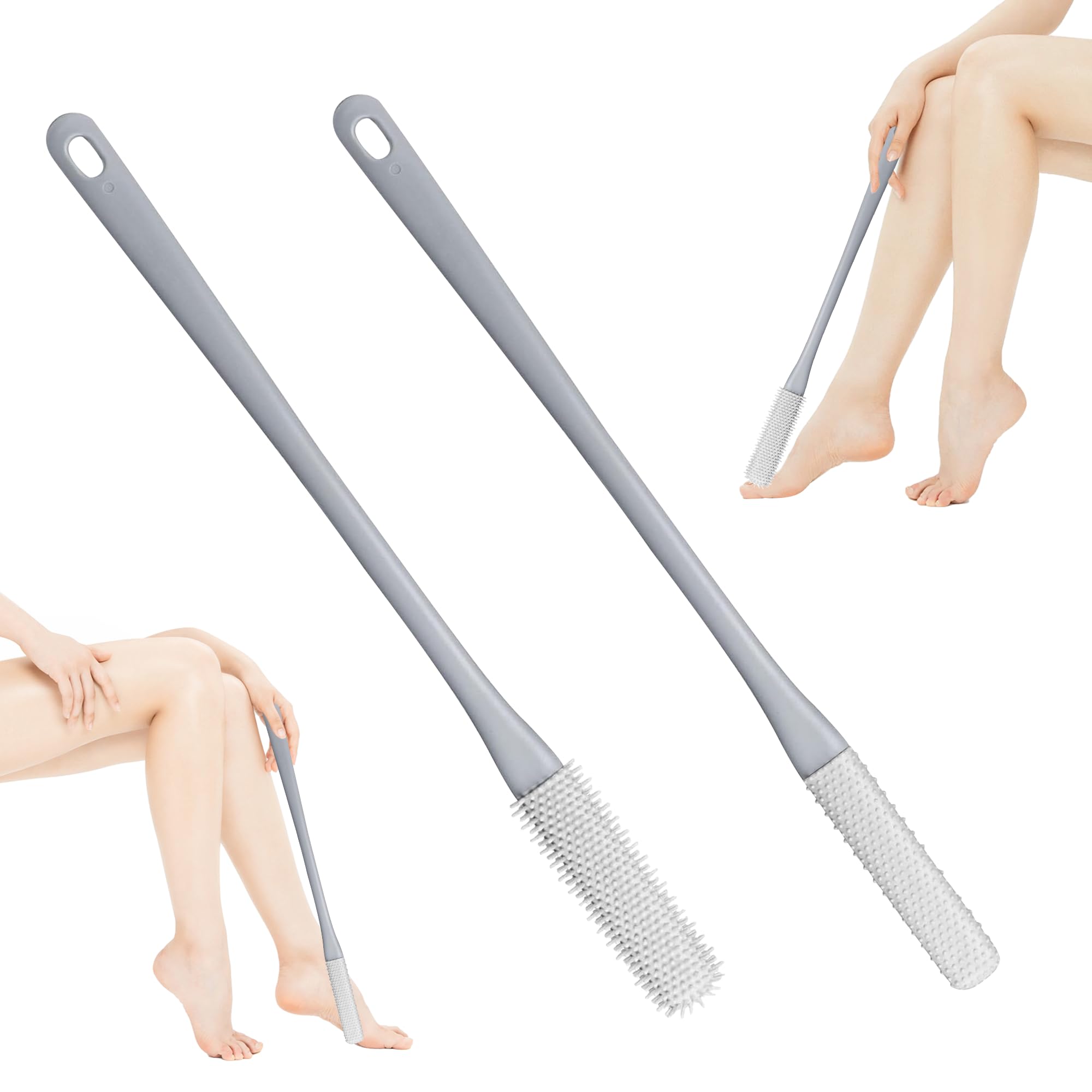 2PCS Silicone Foot Cleaning Brush With Long Handle, Grey Toe Gap Scrubber for Shower and Bath