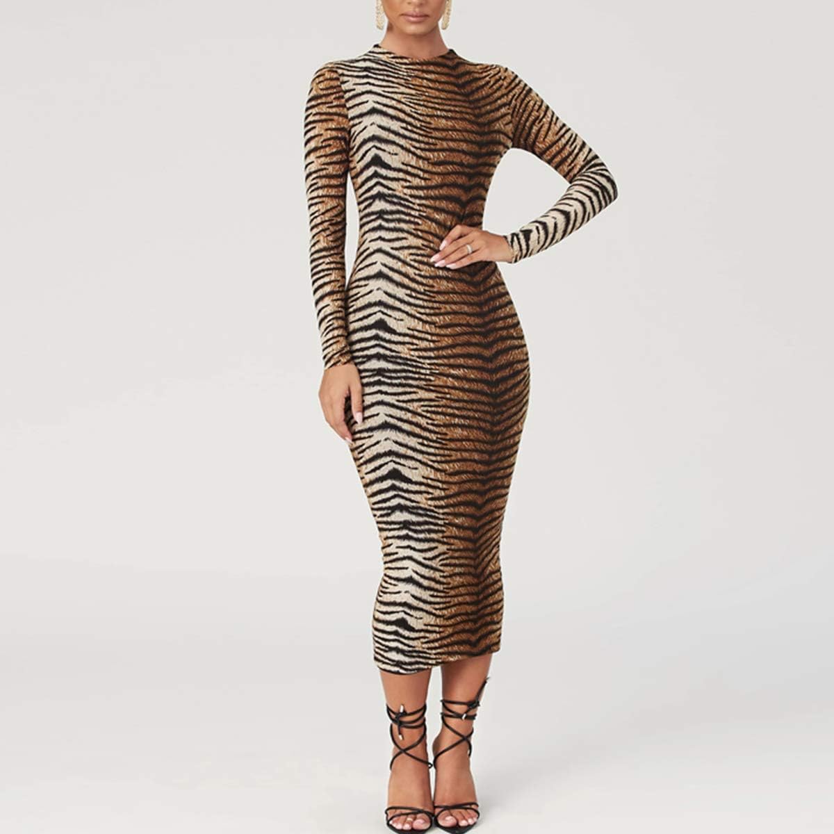 LuFeng Women's Long Sleeve High Neck Tigerskin Snakeskin Print Midi Bodycon Dress Party Club Dress - Image 3