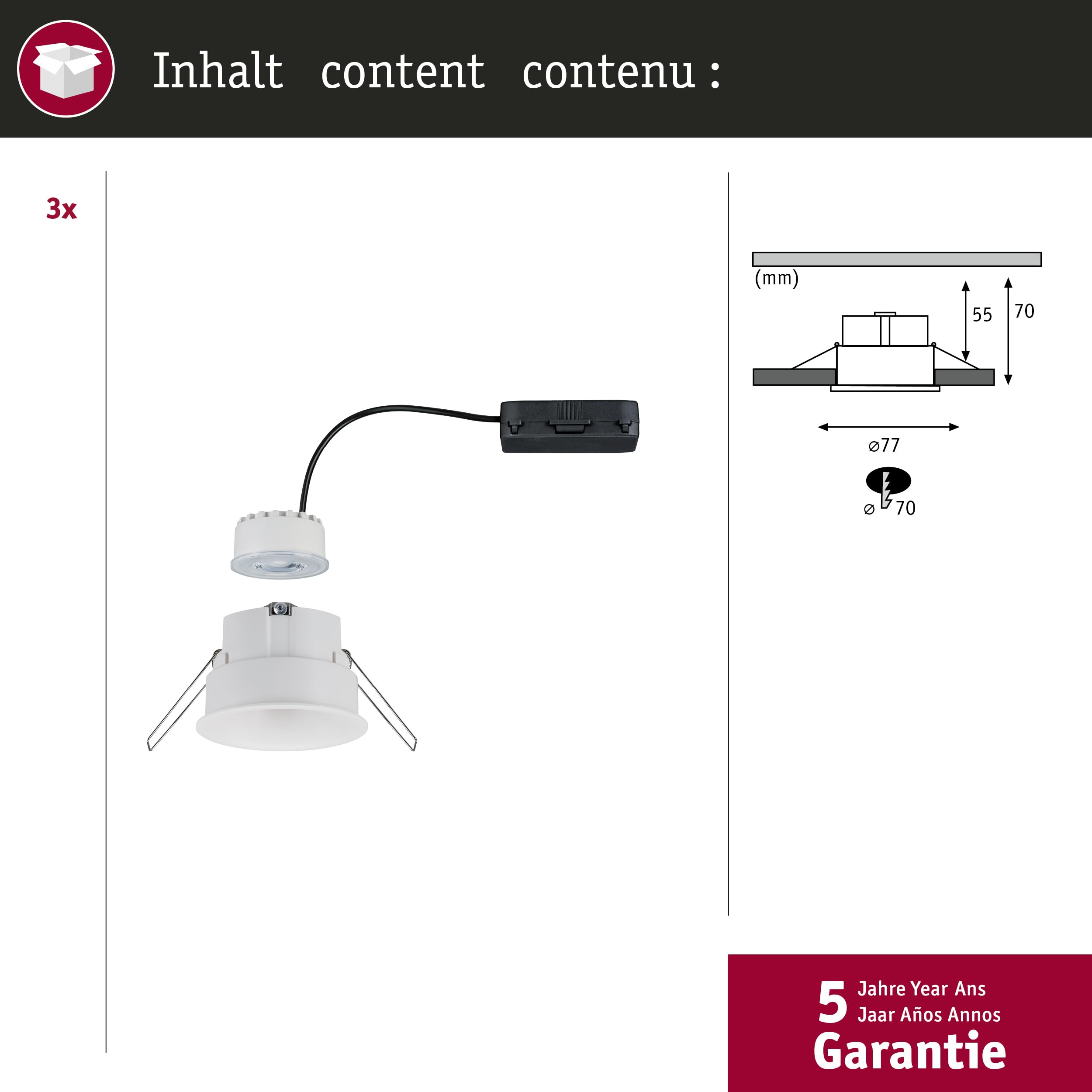Paulmann 93415 Einbauleuchte LED Cymbal 3x6,8W Weiß matt blendfrei dimmbar