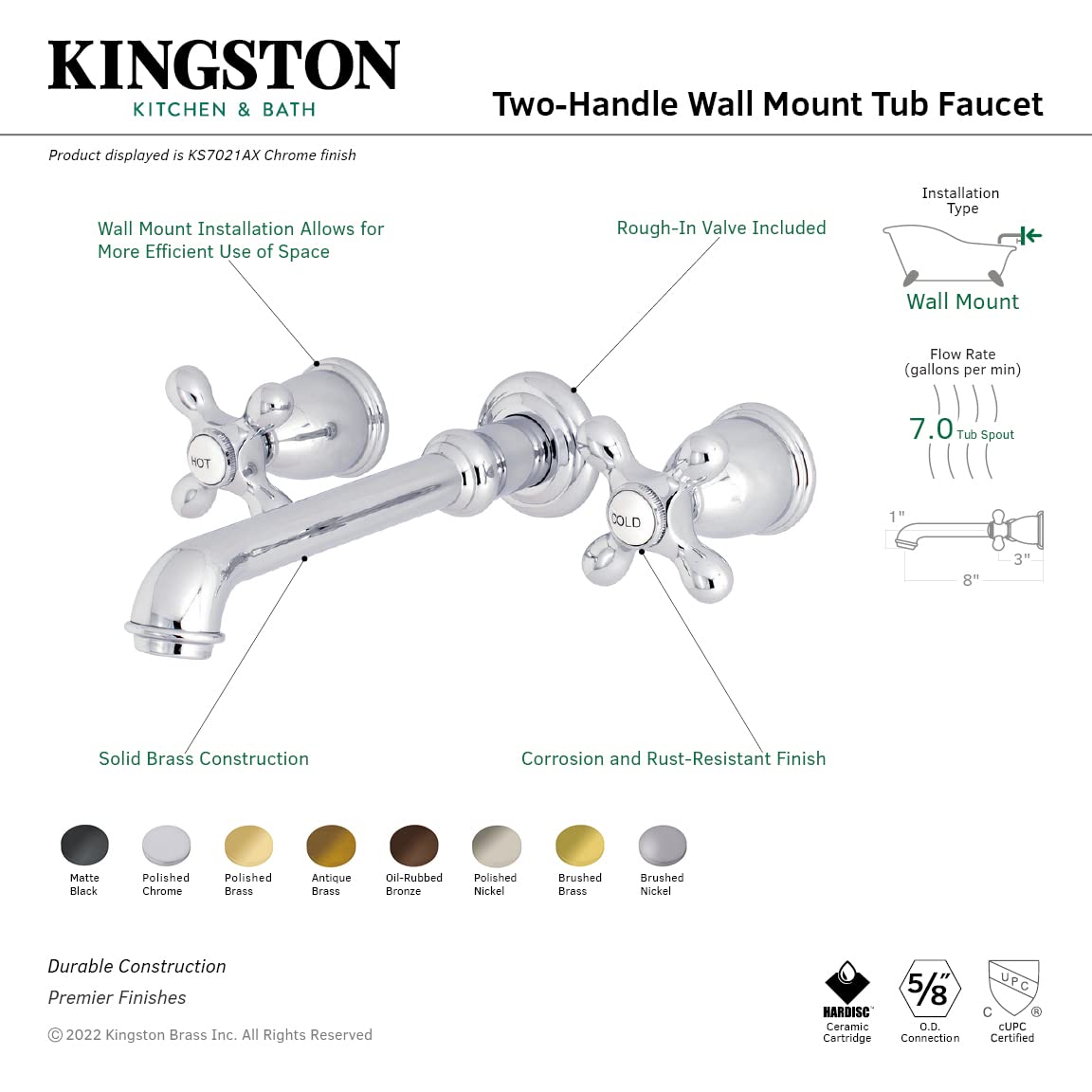Kingston Brass KS7025AX Römische Wannenarmatur – Ölgeriebene Bronze, Wandmontiert, Tropffrei & Korrosionsbeständig