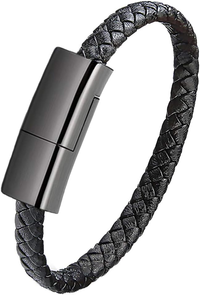 GVUSMILUSB Leather Charging Braided Bracelets for iPhone, Hematite Metal and Black Leather