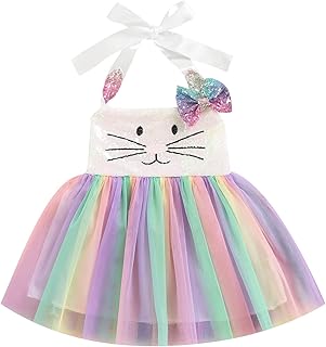 Baby Girl Easter Bunny Mesh Dress Sleeveless Sequins Rainbow Halter Tulle Tutu Dress Holiday Rabbit Princess Dress