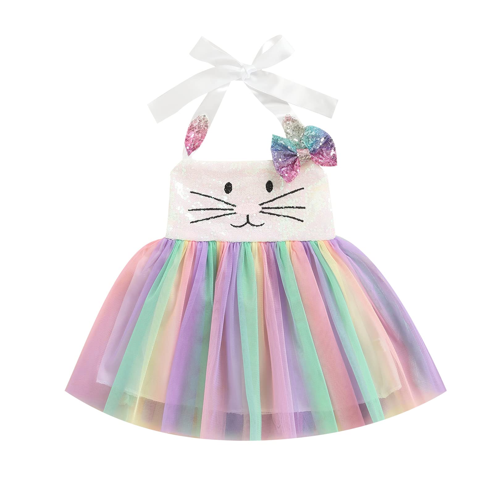 Easter Outfit Baby Girl Toddler Dress Bunny Sequined Sleeveless Halter Tulle Tutu Dresses Birthday Party Clothes (Bunny-A, 12-18 Months)