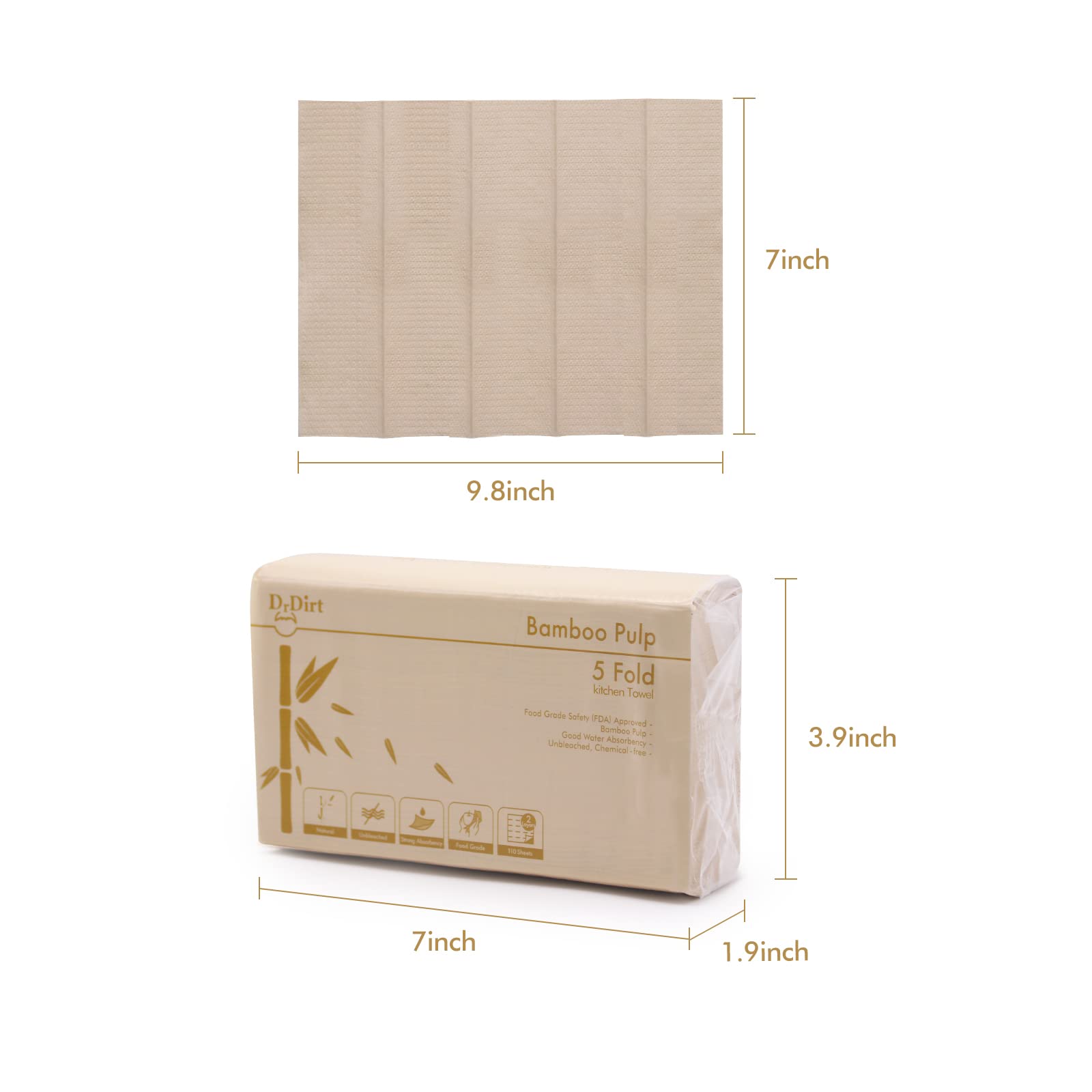 DrDirt Toallas de papel de cinco pliegues de 2 capas, 110 hojas, servilletas desechables de bambú, caja de 18 paquetes por paquete de toallas absorbentes de repuesto