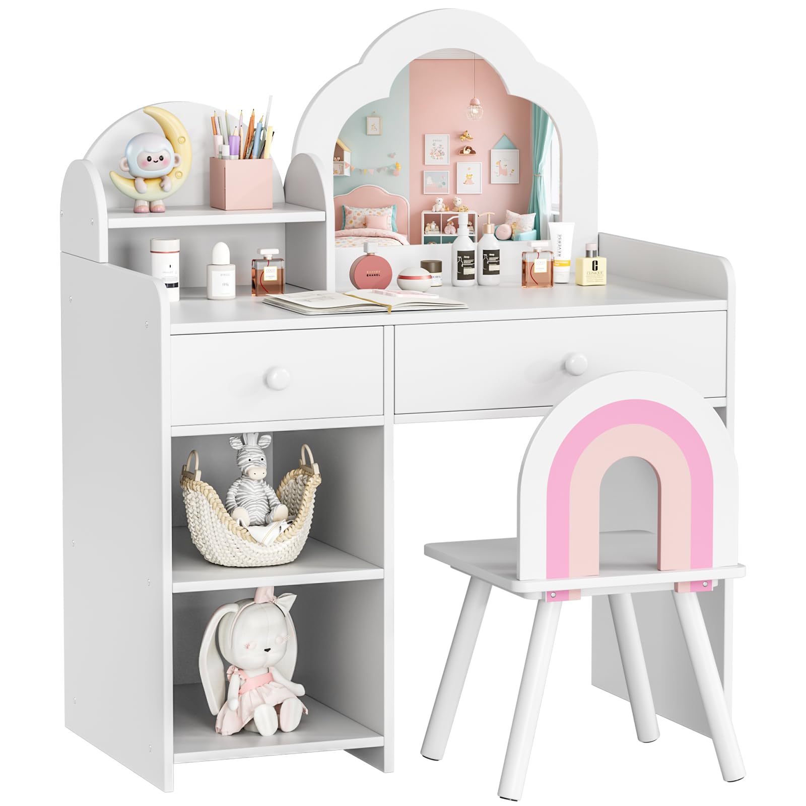 MAMIZO Schminktisch Kinder Set, Wolkenförmiger Kinderschminktisch mit Spiegel, Hocker, Schubladen und Aufbewahrungsschränken, Prinzessin Frisiertisch aus Holz, 73,5x40x90,5cm, Weiß
