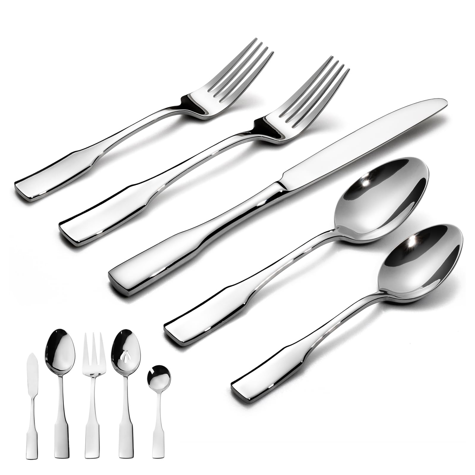 Alata Kate 45-Piece Silverware With Utensil-Serving Set, Service for 8, Stainless Steel Flatware, Mirror Polished Cutlery, Dishwasher Safe