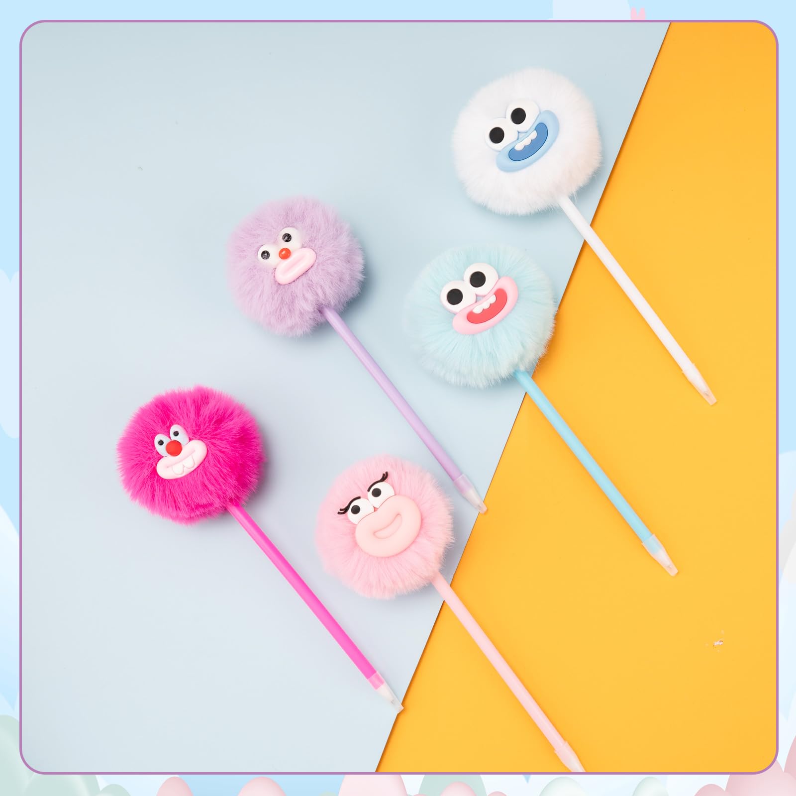 OMyFav 30 bolígrafos esponjosos con pompones lindos y divertidos bolígrafos kawaii para niños, animales de peluche coloridos para premios de aula, suministros de oficina