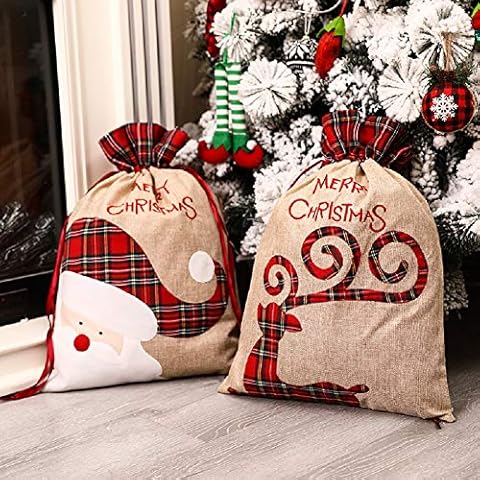 Tocwick 2 Packs Christmas Bags Santa Sack, Large Linen Xmas Bags with Drawstrings, 56 X 39cm Reusable Present Storage Bag Cover