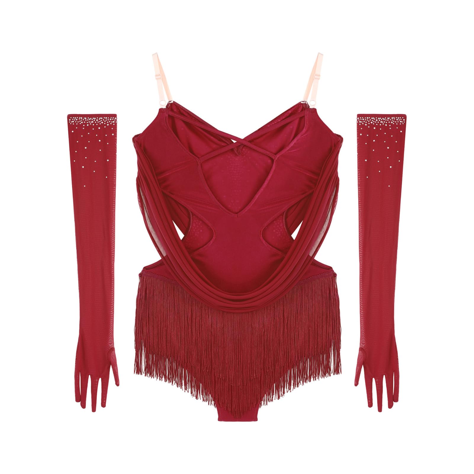 IEFIEL Brillante Body Franges Avec Gants Strass Femme Leotard Danse Latin Tango Rumba Spectacle Danseuse Justaucorps Gymnastique Rythmique