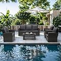 Wisteria Lane 5 Piece Outdoor Patio Furniture Sets, Wicker Conversation Set for Porch Deck, Gray Rattan Sofa Chair with Dark Gray Cushion