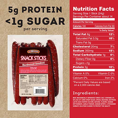Old Wisconsin Hardwood Smoked Snack Sticks, Ready To Eat, High Protein, Low Carb, Keto, Gluten Free, 12 Ounce (Pack Of 8) #TOP1