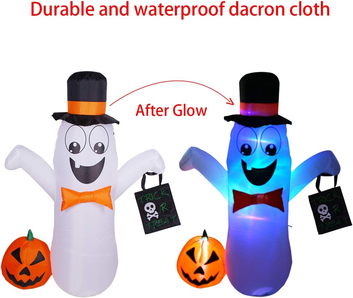 Halloween Outdoor Inflatable Ghost Decorations 5FT with LED Lights, Tethers, Pumpkins Infltables，4 Stakes for Cute Halloween Yard Lawn Blow Up Decorations, Kids Halloween Jack-O-Lantern Ghost Décor