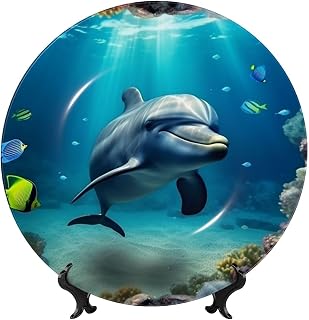 Bone China Decorative Plate 8in Ceramic Decorative Plates Porcelain Round Dinner Plate Elegant With Display Stand Art Crafts For Home Kitchen Bedroom Decor Underwater World Dolphin