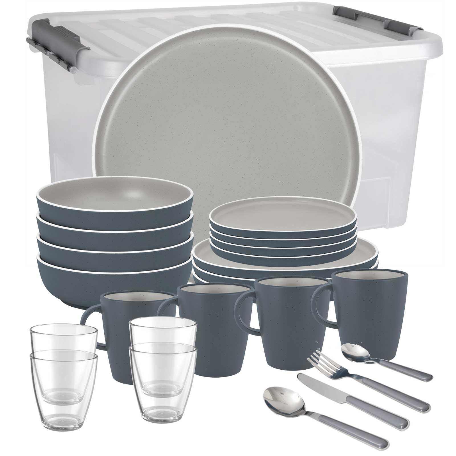 BRUNNER: Melamin Geschirr-Set Camping | 36-tlg - Teller, Becher, Besteck, Gläser für 2-4 Personen | TRILOGY GREY All Inclusive - Kratzfest, Hochwertig+edel | Steingutoptik + Porzellanhaptik | AntiSlip