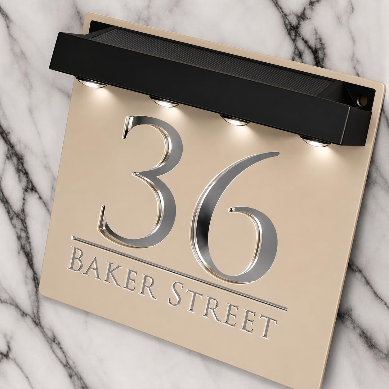 K Smart Sign | Bellissima S1 LED F32 | Square Solar Light House Signs Door Number Plaques With LED Personalised Name Address Sign For Wall With Classic Text (Matt Khaki & Silver Mirror)