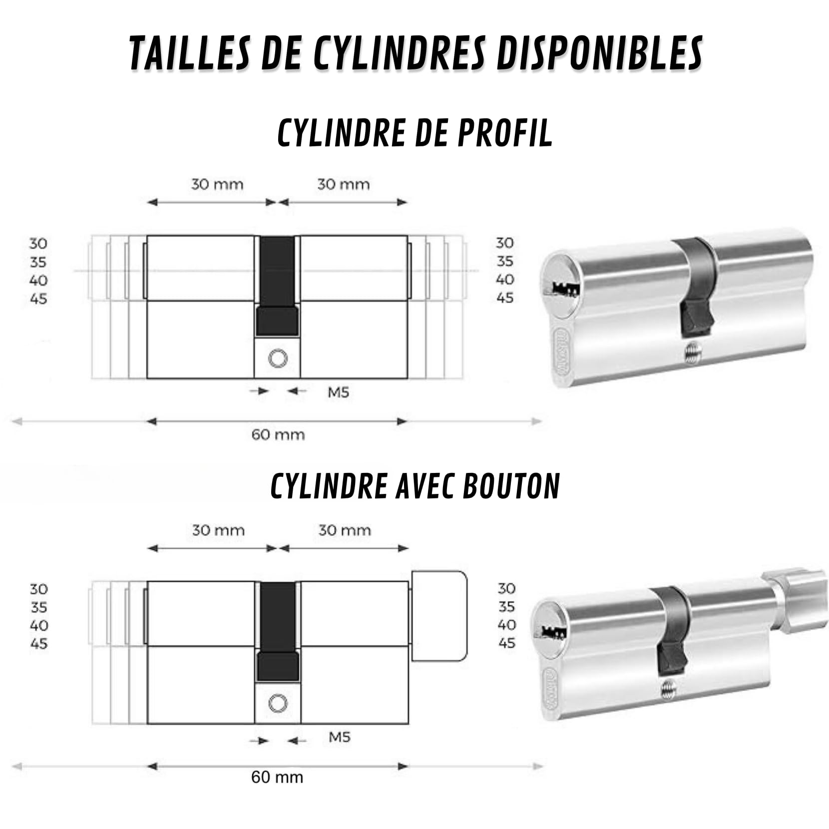 Lot de 4 cylindres 30/30 mm à double serrure – 8 vis – 10 clés incluses – Montable facilement – Clé universelle pour tous les cylindres – Longueur 60 mm