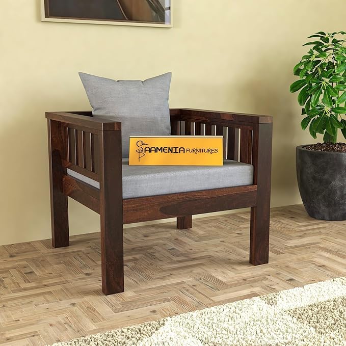 Image of Sheesham Wooden 1 Seater Sofa for Living Room | Rosewood 1 Seater Cushion Sofa Low Height | Solid Wood Sofa Set for Lounge (1 Seater,Walnut Finish)