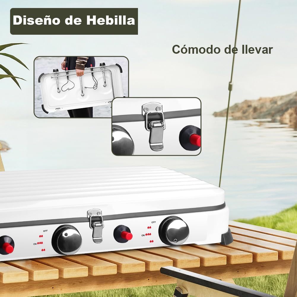 Cocina Gas Portátil 3 Fuegos Eencendido Piezoeléctrico, 5.4kw Camping Hornillo de Gas con Tapa, Exterior Festivales Hornillo Quemador de Gas al Aire Libre (blanco brillante)