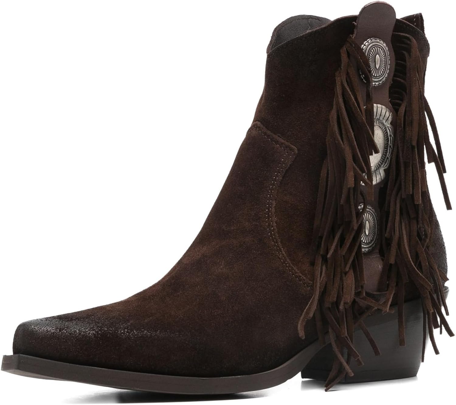 Goolita Suede Fringe Western Cowboy Boots For Women Pointed Toe Stacked Block Heel Cowgirl Ankle Boots Vintage Side Zip Short Booties