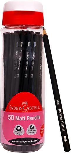 Faber-Castell Black Matt Pencils – Pack of 50 with Eraser &amp; Sharpener | HB Writing Pencils in Tube | Eco-Friendly Statione...
