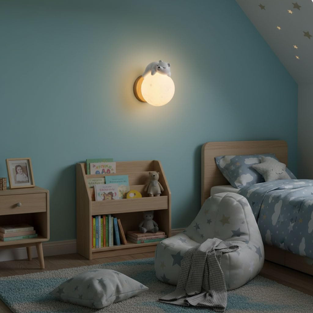 EaEa LED Mond Wandleuchte Kinderzimmer Holz Wandlampe Kreative Schlafende Bär Junge Mädchen Dekorative Nachtlicht 3000K/4500K/6000K Kinder Nachttisch Wandbeleuchtung für Schlafzimmer Babyzimmer, Weiß