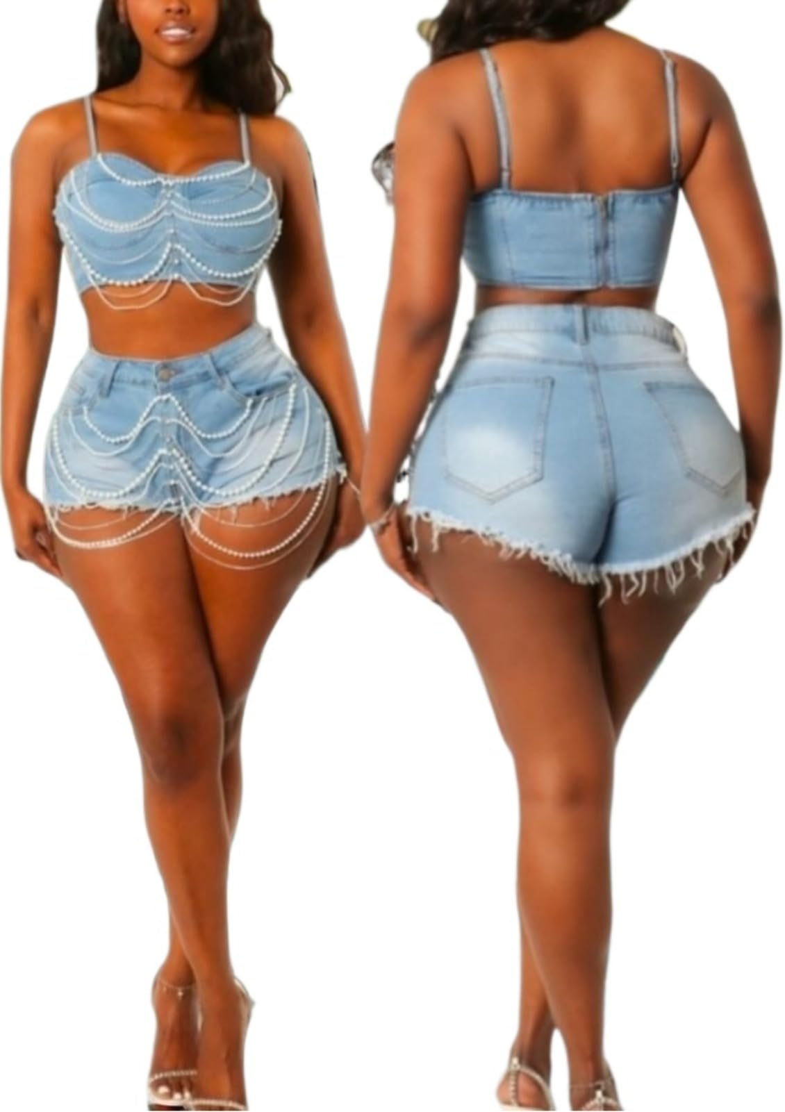 Ghvryque Women's Blue Denim Top Shorts 2 Piece Sets Ripped Cutout Pearls Chain Jean Shorts Rhinestone Distressed Raw Hem Tassels-||S