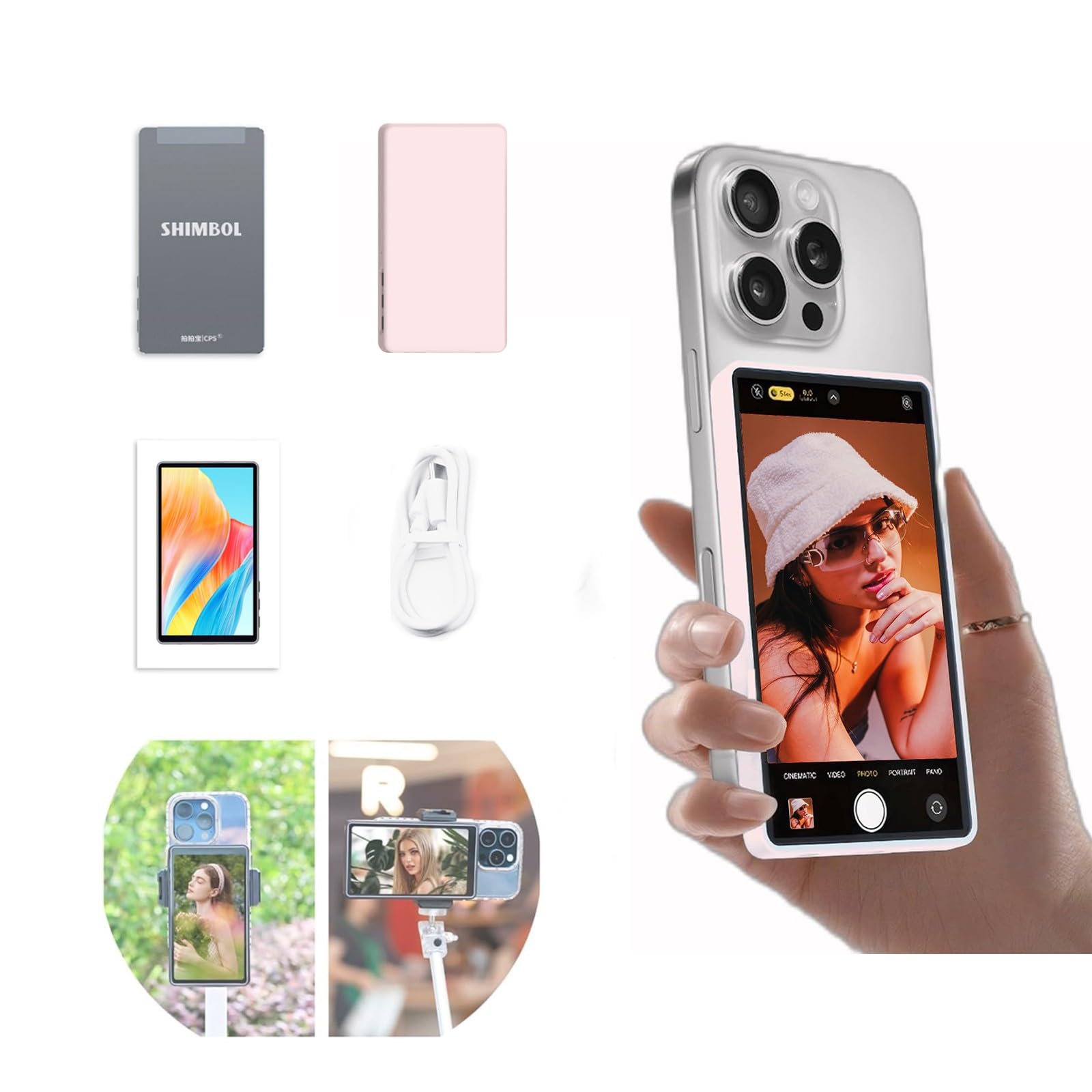 CP5 Lite Vlog Selfie Monitor Screen, 5-inch 1080P Back Rear Camera Mirror, 50M Range One Click Connection for iPhone Selfies, Vlogs, Live Streaming w/Magnetic Pink Case (NO Touchscreen)