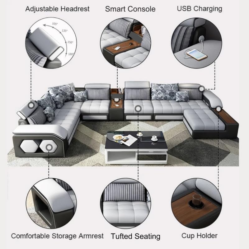 Image of Homax. Dapper2, 11-Piece U-Shaped Sectional Sofa | 12-Seater with Adjustable Headrests, Charging Console, Ottoman with Tray, Pouffes | Dual-Tone Fabric, Solid Wood Frame, High-Resilience Foam