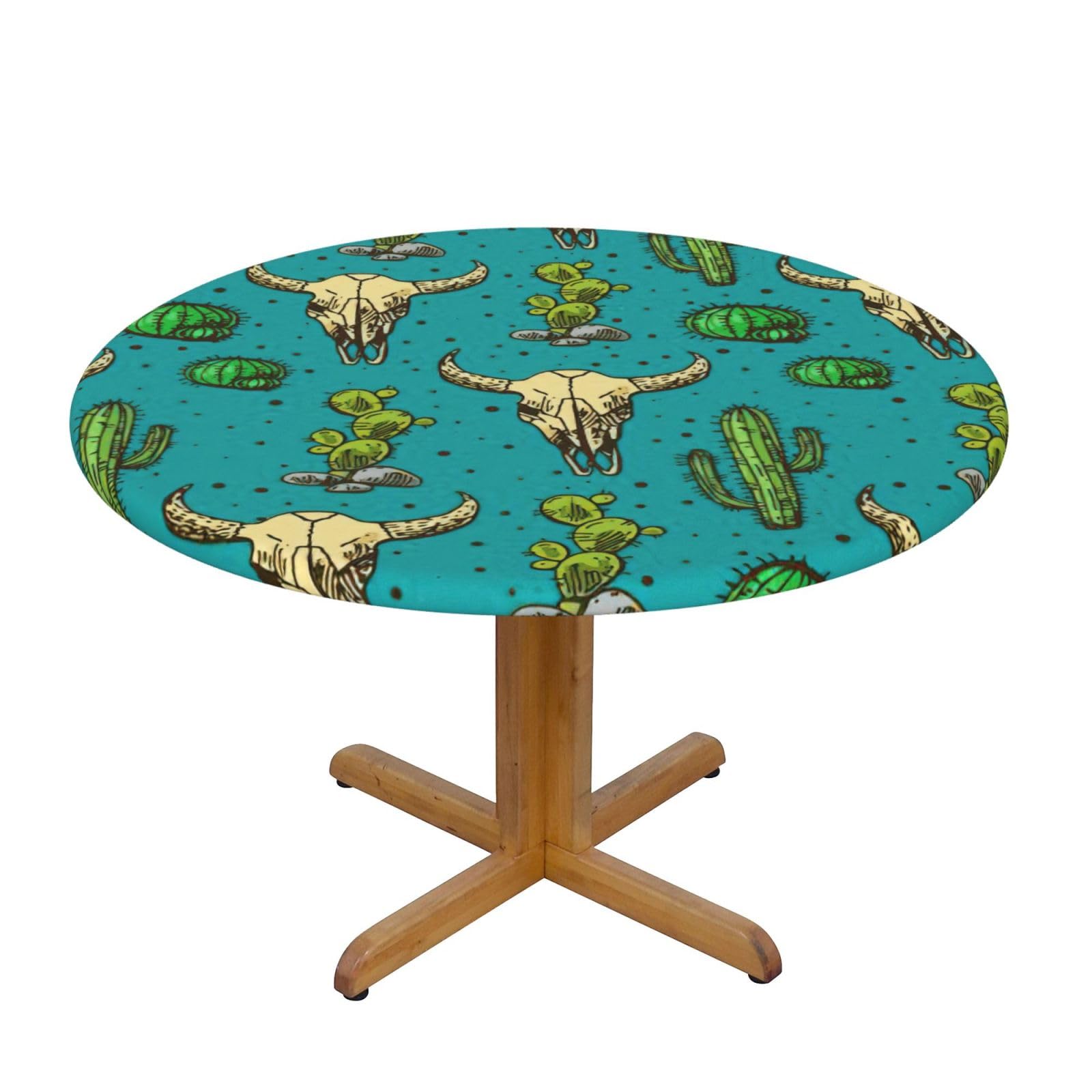 DUWAA Cute Cactus And Skull Of Bull Print Oxford Fitted Table Cover For Patio Picnic, Waterproof Round Tablecloth For Home And Outdoor