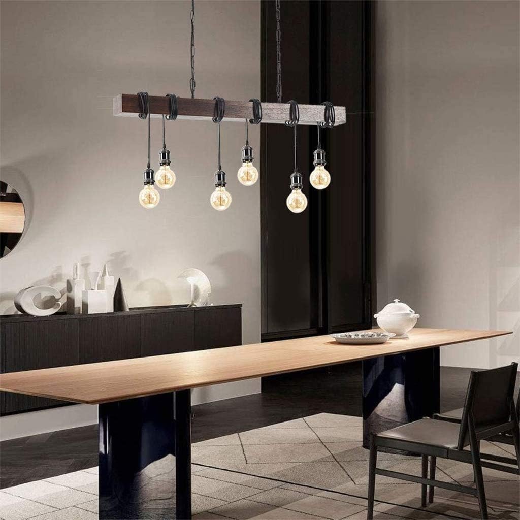 Eoyemin 6-Lights Kitchen Light Fixtures Farmhouse Wooden Retro Rustic Wood Pendant Light Industrial Suspension Line Can Be Adjusted Freely Chandelier for Dining Table Vintage Kitchen Bar Island