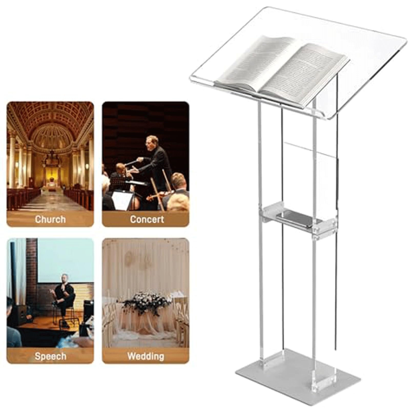 Podium en acrylique transparent, pupitre d'église avec Base en métal | Bureau de réception sur pied for hôtesse, for concert, mariage, événement, salle de classe