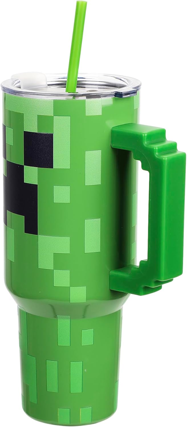 Bioworld Minecraft Creeper Ultimate 40 Oz. Stainless Steel Tumbler With Pixelated Handle