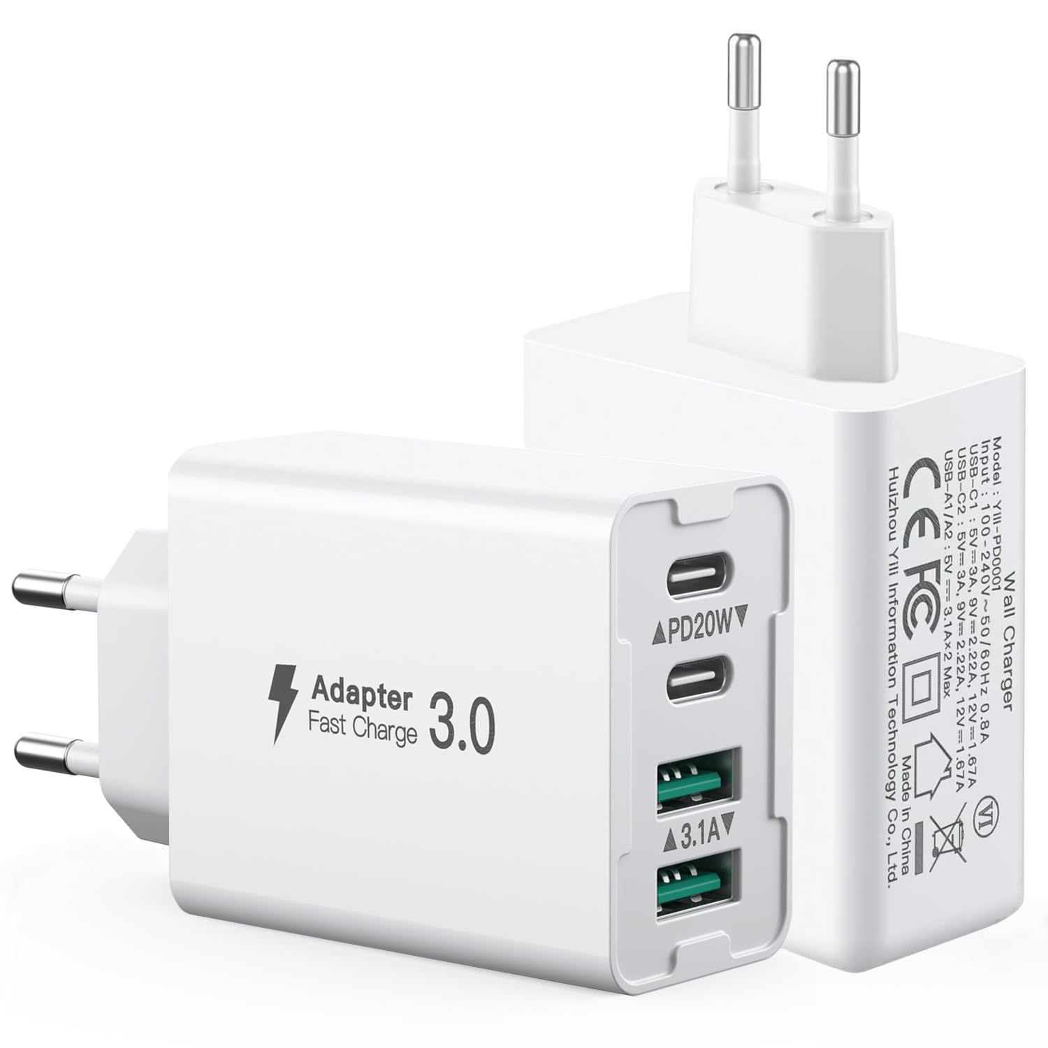 4 Port Ladegerät Mehrfach 40W mit 2xUSB 2xUSBC