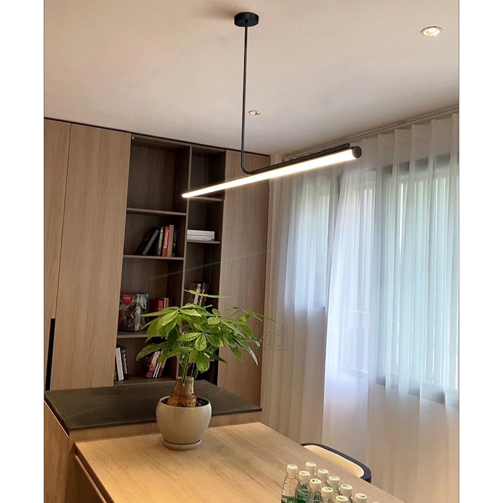 Lampada a Sospensione LED Lampadario Tavolo da Pranzo Cucina Dimmerabile Plafoniera Soggiorno Ufficio Moderno Lineare Lampadari Altezza Regolabile Sala da Pranzo con Telecomando Lampade (Nero, L100)
