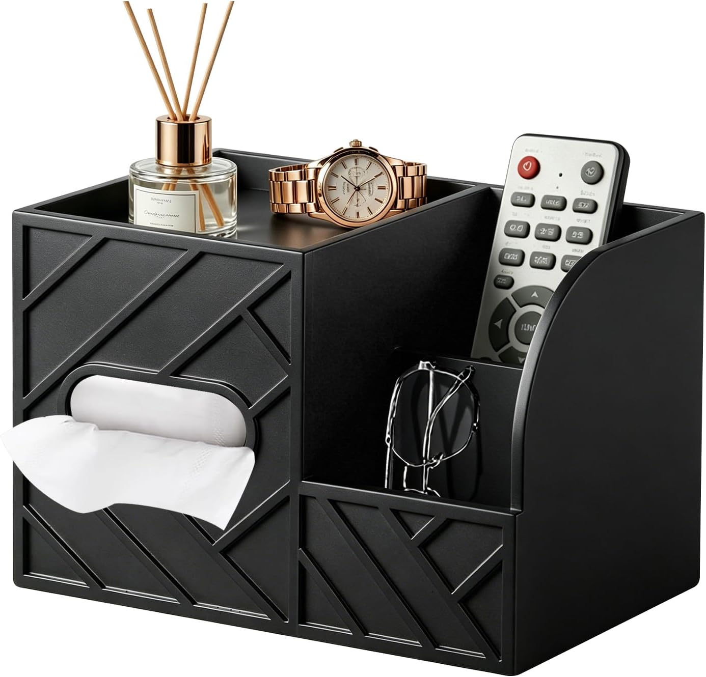 Aesthetic Tissue Box Cover, Modern Minimalist Remote Control Holder with Storage Tray, Etched Wood Cube Facial Tissue Box for Table, Light Luxury Desktop Organizer for Nightstand, Office Décor