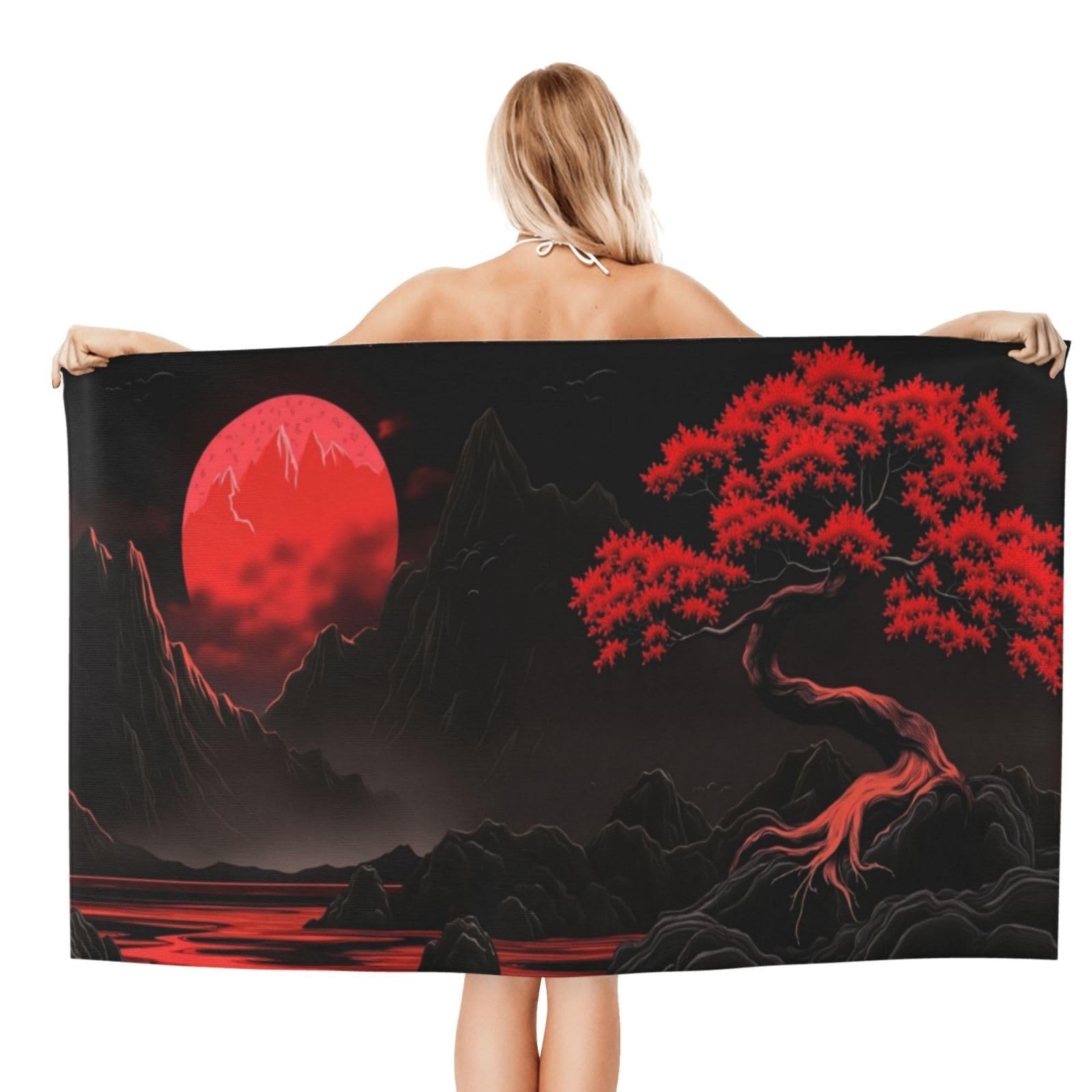 Anceky Beach Towel for Women, Red Moon Tree Landscape Sand-Free Microfiber Ultra Soft Lightweight Bath Towels for Outdoor Bathroom Swimming 32"X52"