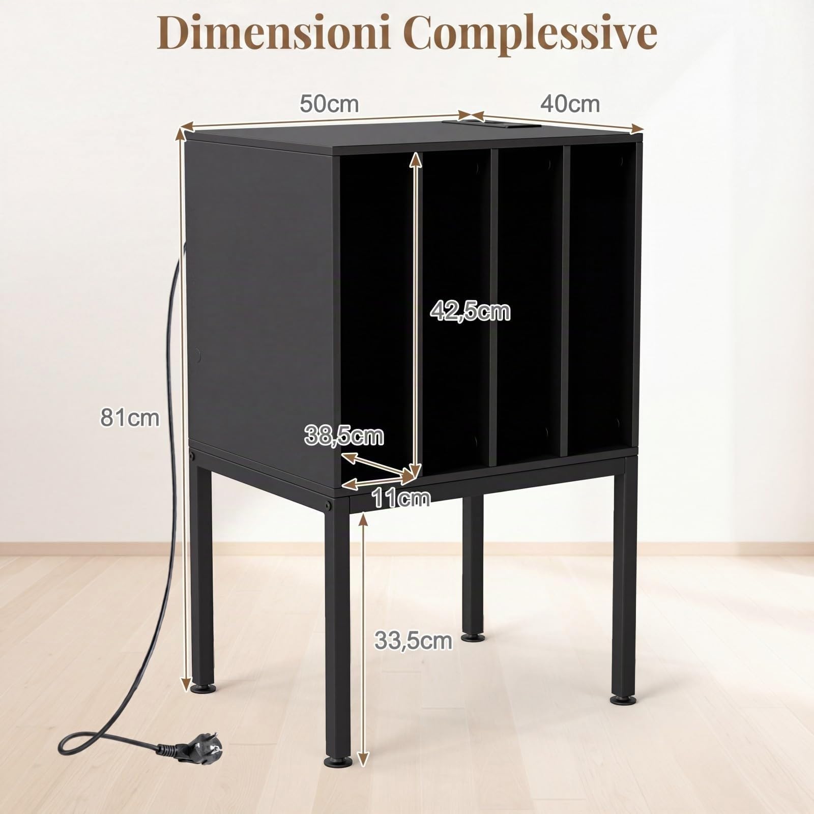 COSTWAY Mobile Porta Giradischi, Supporto per Vinili in Legno con Stazione di Ricaricae, 4 Scomparti, Gambe Rialzate in Metallo, Scaffale per Dischi per Soggiorno e Sala Musicale, 50 x 40 x 81 cm