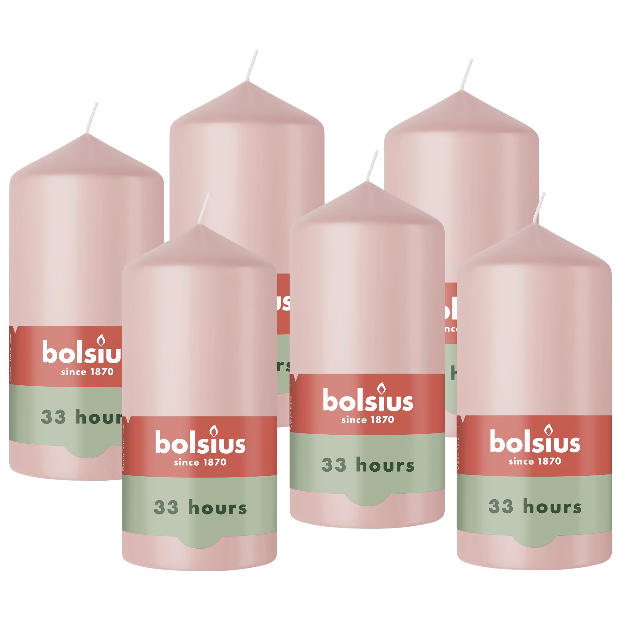 Bolsius - Pillar Candle - Light Pink - 12 cm - 6 Pieces - Burning time 33 Hours - Natural Vegetable Wax - Palm Oil Free