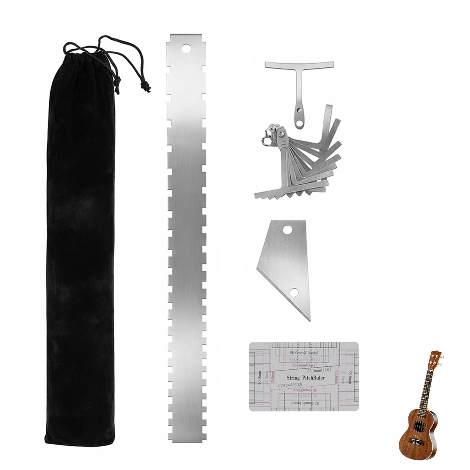 13 strumenti per liutaio per chitarra, tra cui righello per collo, righello ad arco, righello per corda, righello per livellamento e borsa in flanella, per impostazione chitarra e basso (argento)